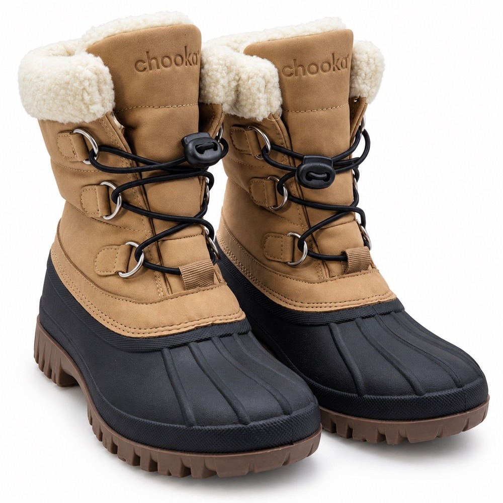 Chooka Snow Boot Women 6 Tan Black Faux Shearling Lined Bungee Duck Boots NWOT